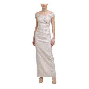 ADRIANNA PAPELL Womens Beige Metallic Zippered Pleated Gathered Short Sleeve Surplice Neckline Full-Length Evening Gown Dress main image 1