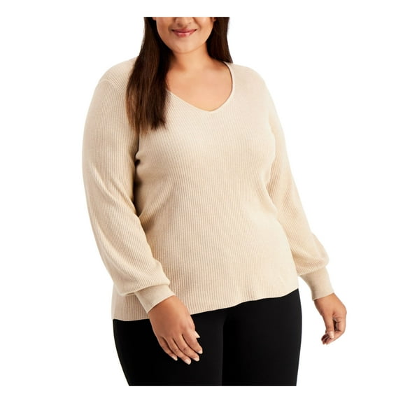 CALVIN KLEIN Womens Beige Textured Dolman Sleeve V Neck Top Plus 0X