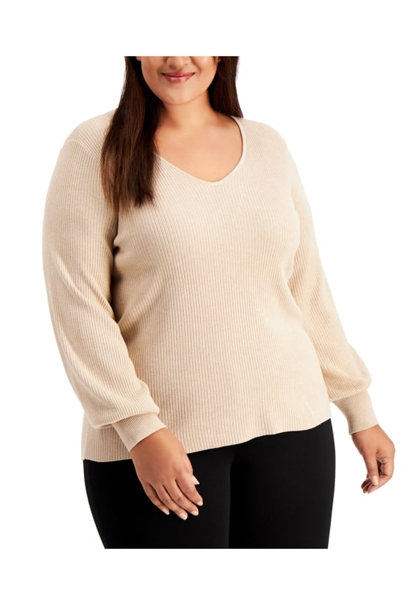 Womens Beige Textured Dolman Sleeve V Neck Top Plus 0X