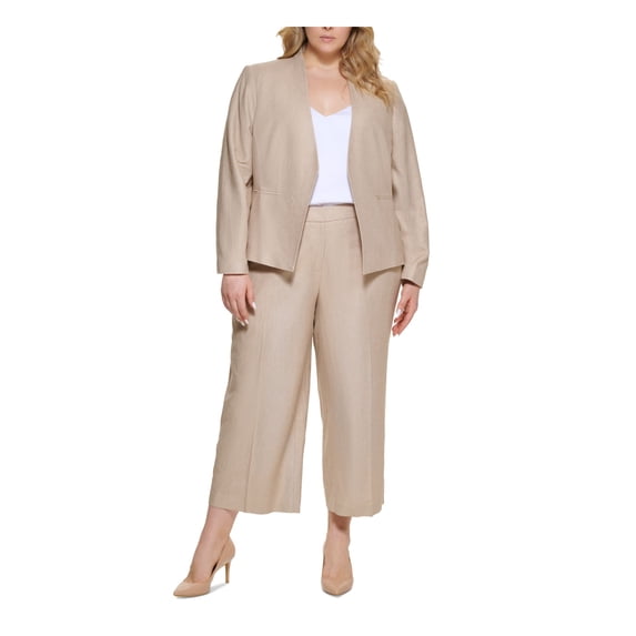 CALVIN KLEIN Womens Beige Zippered Pocketed Hook And Bar Closure Pleated Herringbone Wear To Work Wide Leg Pants Plus 18W