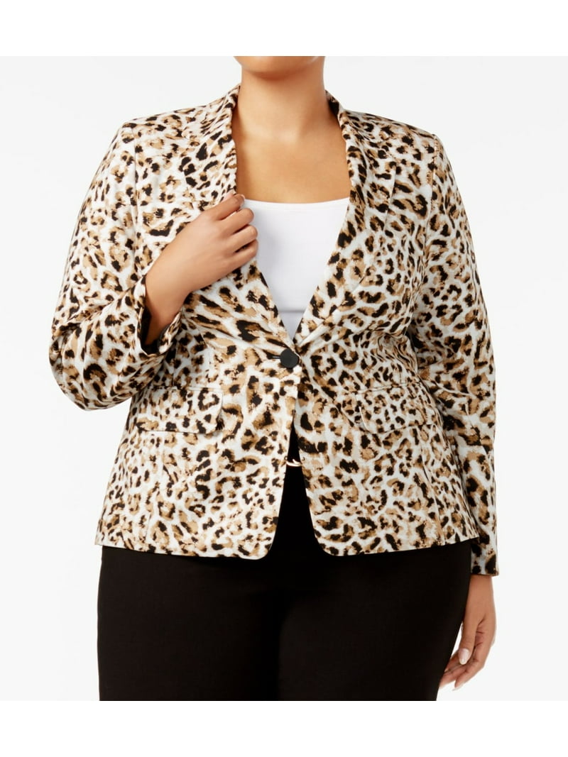 Calvin Klein Women's Plus Size Leopard-Print Blazer (14W, Khaki