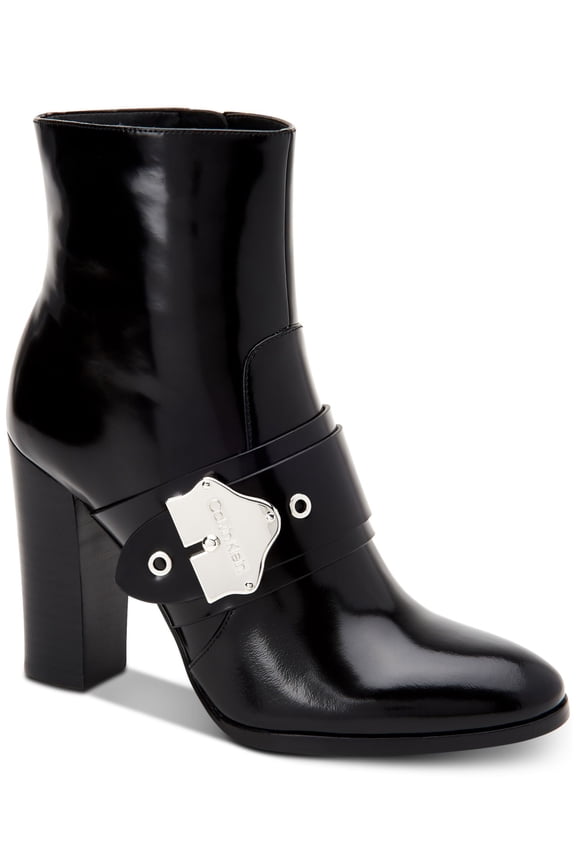 Womens Black Oversized Strap Buckle Accent Padded Cai Round Toe Block Heel Zip-Up Leather Booties 7.5 M