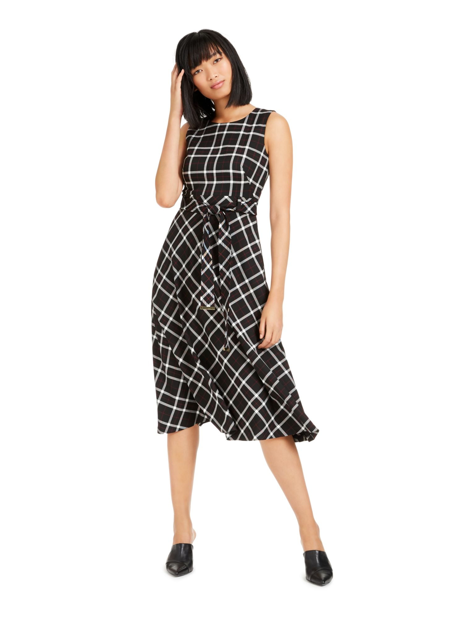CALVIN KLEIN Womens Black Plaid Sleeveless Midi Fit + Flare Dress Size: 16  - Walmart.com