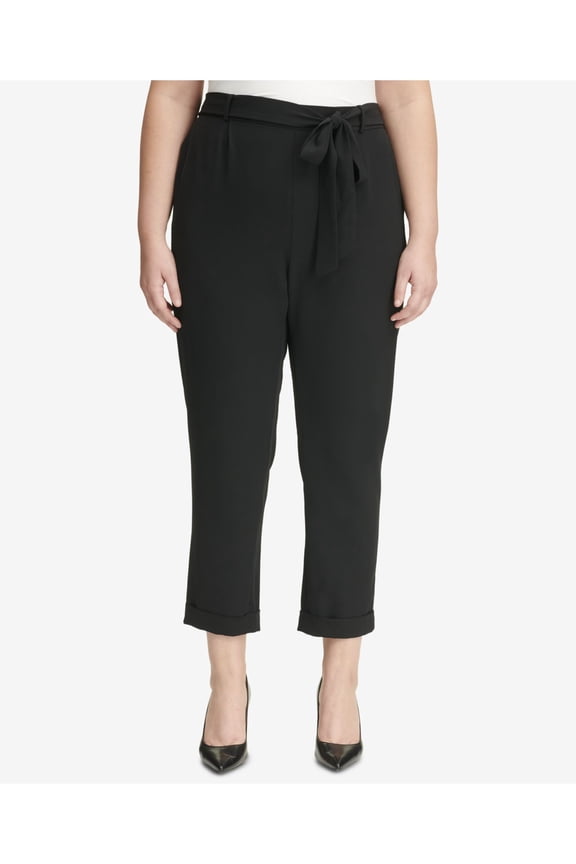 Womens Black Pocketed Tie Mid-rise Pull-on Paper-bag Wear To Work Cuffed Pants Plus 24W
