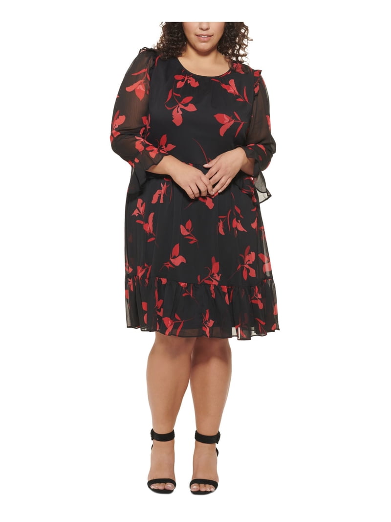 Calvin Klein Floral Plus Size Ruffled Dress - Red Multi - Size 18W
