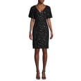 thumbnail image 1 of CALVIN KLEIN Womens Black Sequined Zippered Zippered Short Sleeve V Neck Knee Length Evening Body Con Dress 2, 1 of 2