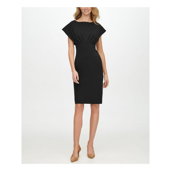 CALVIN KLEIN Womens Black Stretch Pleated Zippered Capelet Sleeve Boat Neck Above The Knee Wear To Work Empire Waist Dress 6