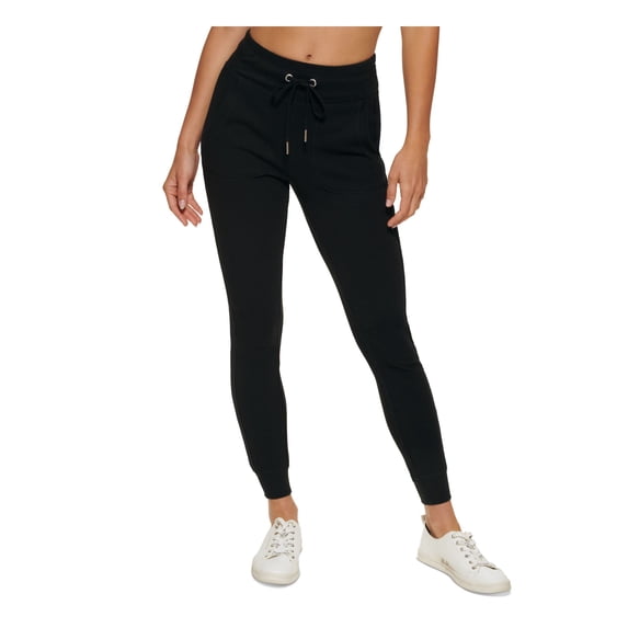 CALVIN KLEIN Womens Black Stretch Textured Thermal Drawstring Waist High Waist Leggings L