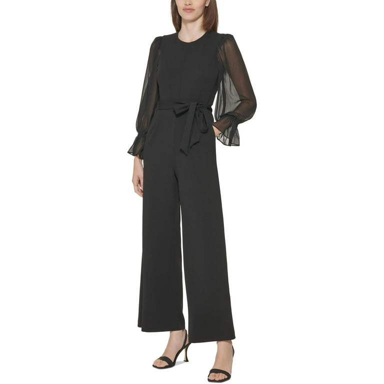 CALVIN KLEIN Womens Black Zippered Belted Balloon Sleeve Crew Neck Wear To  Work Wide Leg Jumpsuit 8