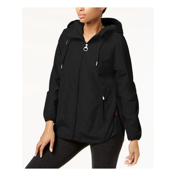 CALVIN KLEIN Womens Black Zippered Pocketed Drawstring Mesh Lined Split Side Hooded Jacket S