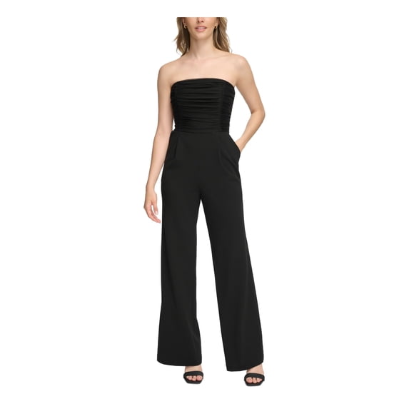 CALVIN KLEIN Womens Black Zippered Pocketed Ruched-bodice Straight Leg Sleeveless Strapless Party High Waist Jumpsuit 4