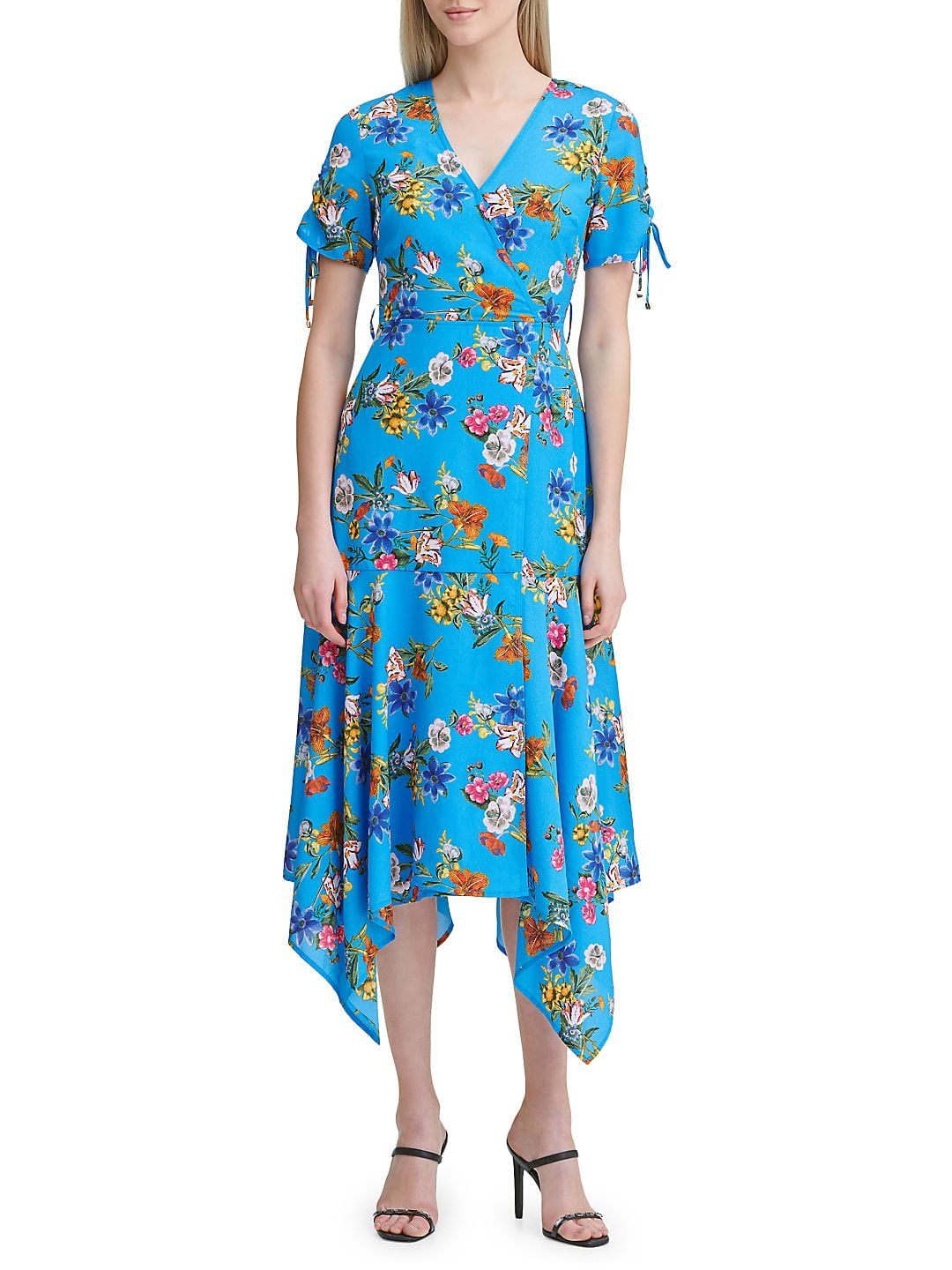 Calvin Klein Womens Floral Belted Midi Dress Blue 8