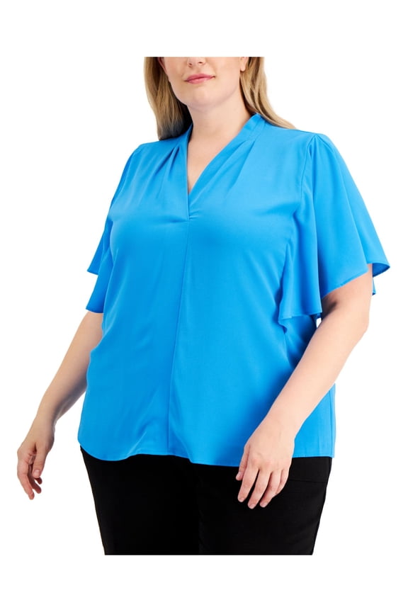 Womens Blue Textured Pleated Seamed Front Flutter Sleeve V Neck Wear To Work Top Plus 0X