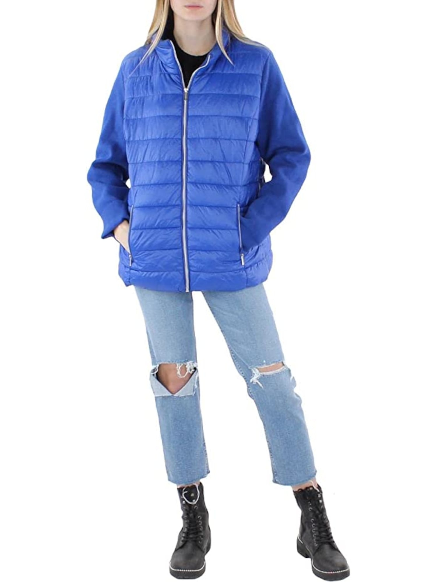 Calvin klein puffer coat with knit sleeves hotsell