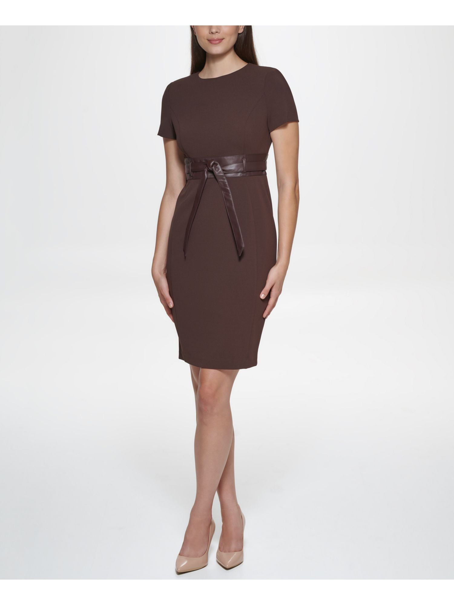 CALVIN KLEIN Womens Brown Zippered Unlined Shoulder Pads Short Sleeve Round  Neck Above The Knee Wear To Work Sheath Dress 10 - Walmart.com