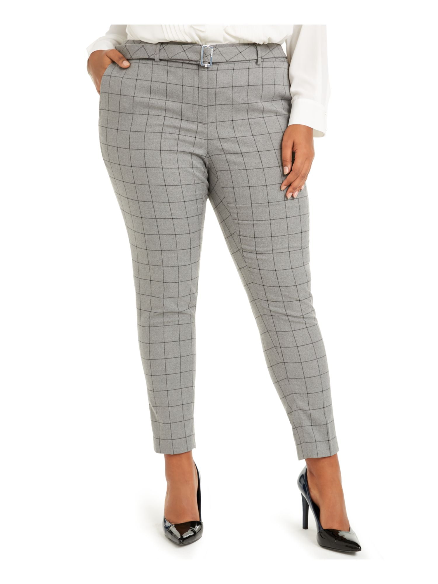 CALVIN Womens Gray Belted Check Skinny Pants Plus Size: