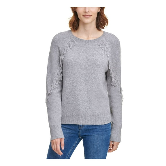 CALVIN KLEIN Womens Gray Fringed Long Sleeve Crew Neck Sweater M