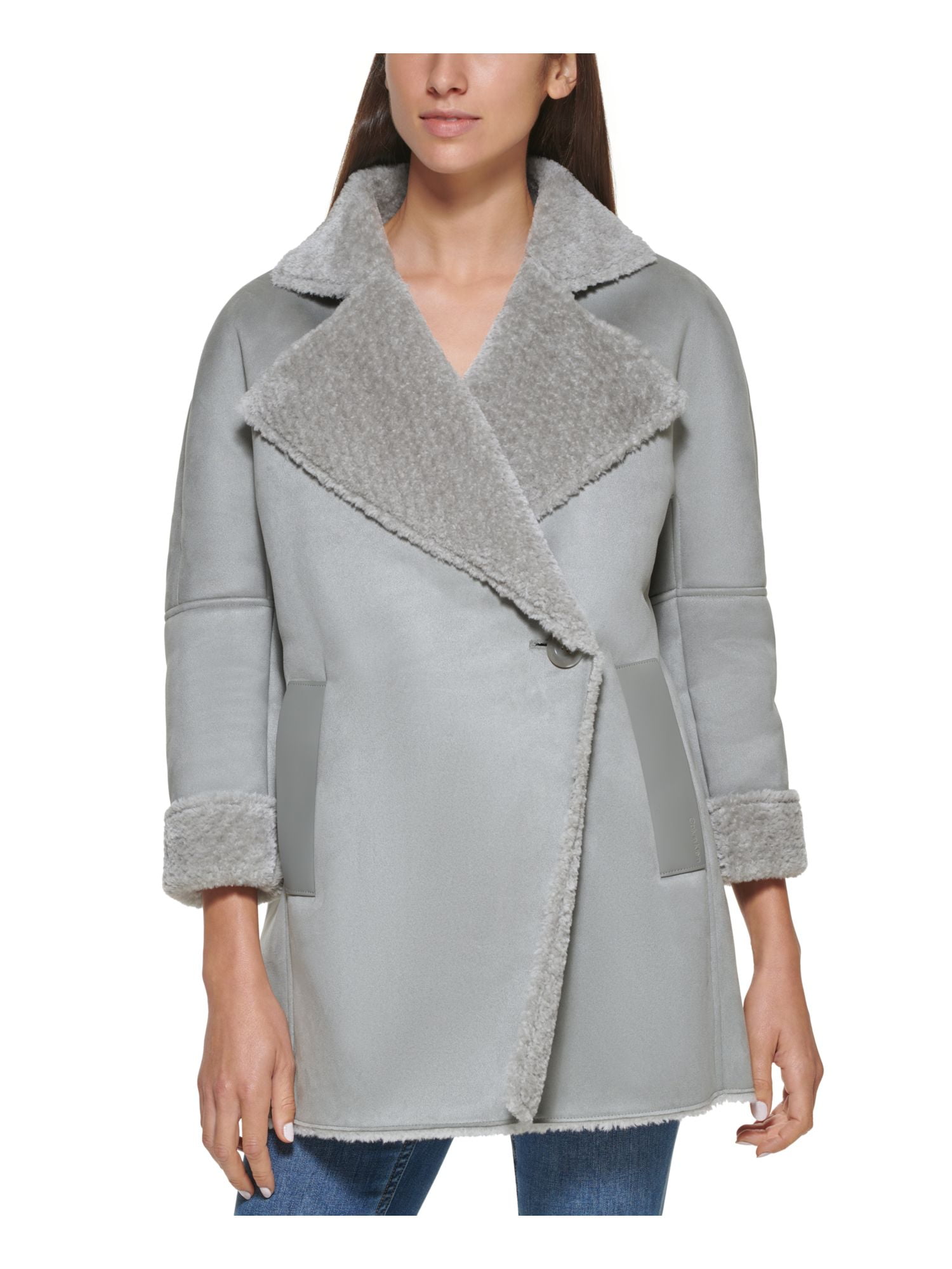 CALVIN KLEIN Womens Gray Pocketed Faux Leather Faux Shearling Collared