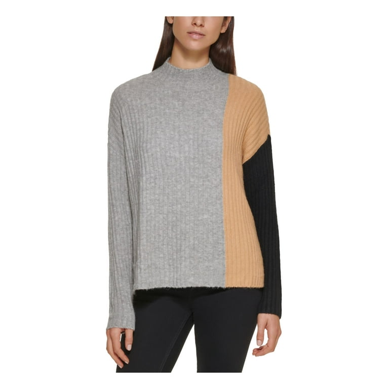 CALVIN KLEIN Womens Gray Stretch Ribbed Slitted Drop Shoulder Color Block Long Sleeve Mock Neck Sweater S Walmart
