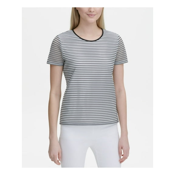 CALVIN KLEIN Womens Gray Striped Short Sleeve Jewel Neck Top L