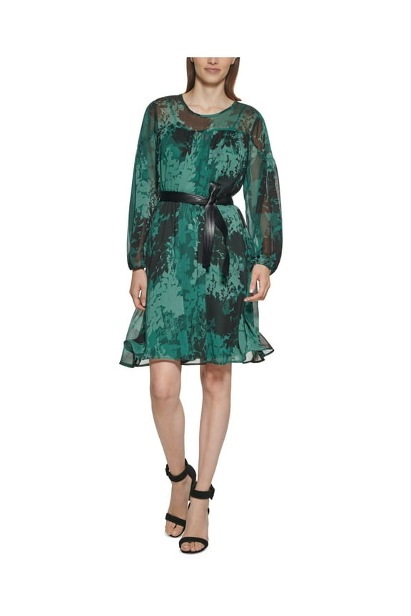 Womens Green Belted Lined Floral Long Sleeve Round Neck Above The Knee Cocktail Shift Dress Petites 10P