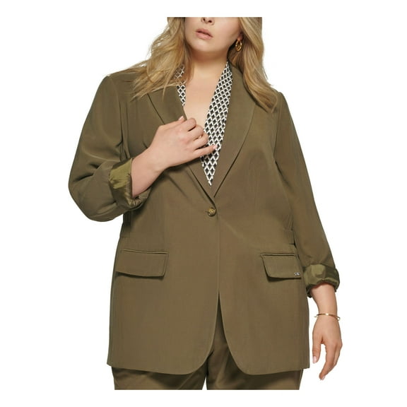 CALVIN KLEIN Womens Green Pocketed Lined Single Button Elastic-back Wear To Work Blazer Jacket Plus 14W