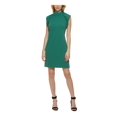 thumbnail image 1 of CALVIN KLEIN Womens Green Stretch Ruched Zippered Ruffle Cap Sleeve Mock Neck Above The Knee Party Sheath Dress 8, 1 of 5