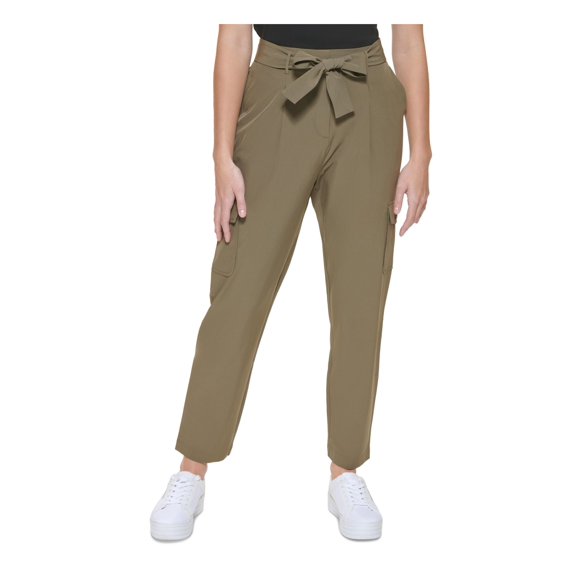 CALVIN KLEIN Womens Green Zippered Pleated Pocketed Tie Belt Cargo Pants L
