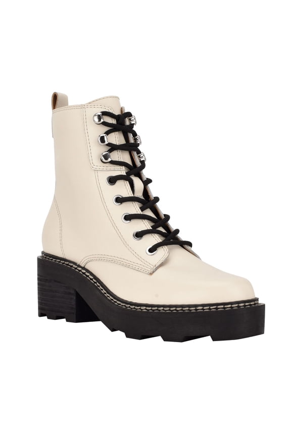 Womens Ivory 1" Platform Lug Sole Padded Abeni Almond Toe Block Heel Lace-Up Leather Combat Boots 8.5 M