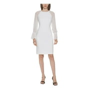 CALVIN KLEIN Womens Ivory Stretch Ruffled Zippered Lined Long Sleeve Above The Knee Party Sheath Dress Petites 10P