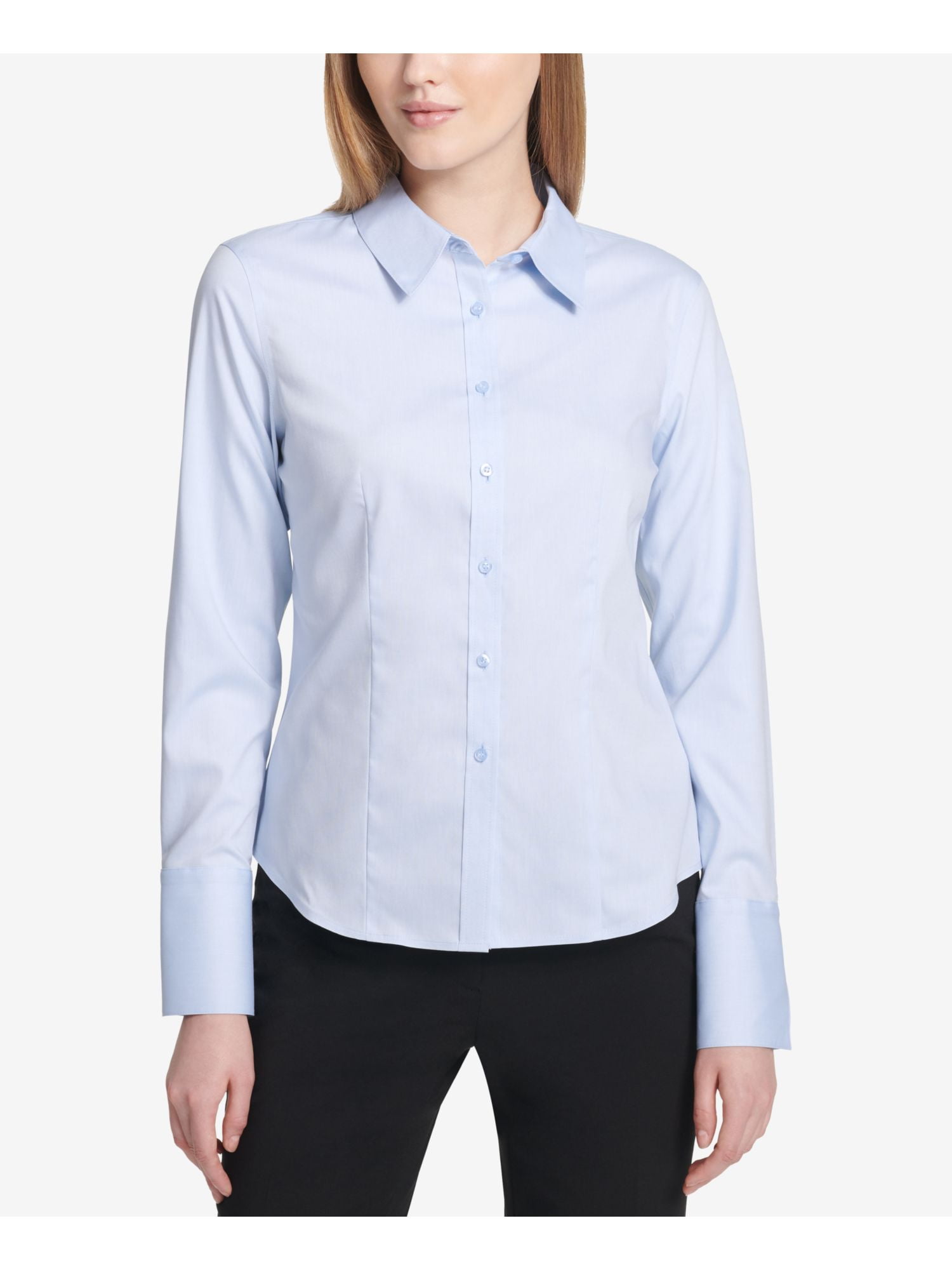 CALVIN KLEIN Womens Light Blue Cuffed Collared Top Petites Size: 4P