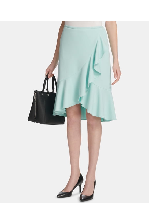 Womens Light Blue Ruffled Knee Length Pencil Skirt Size: 10