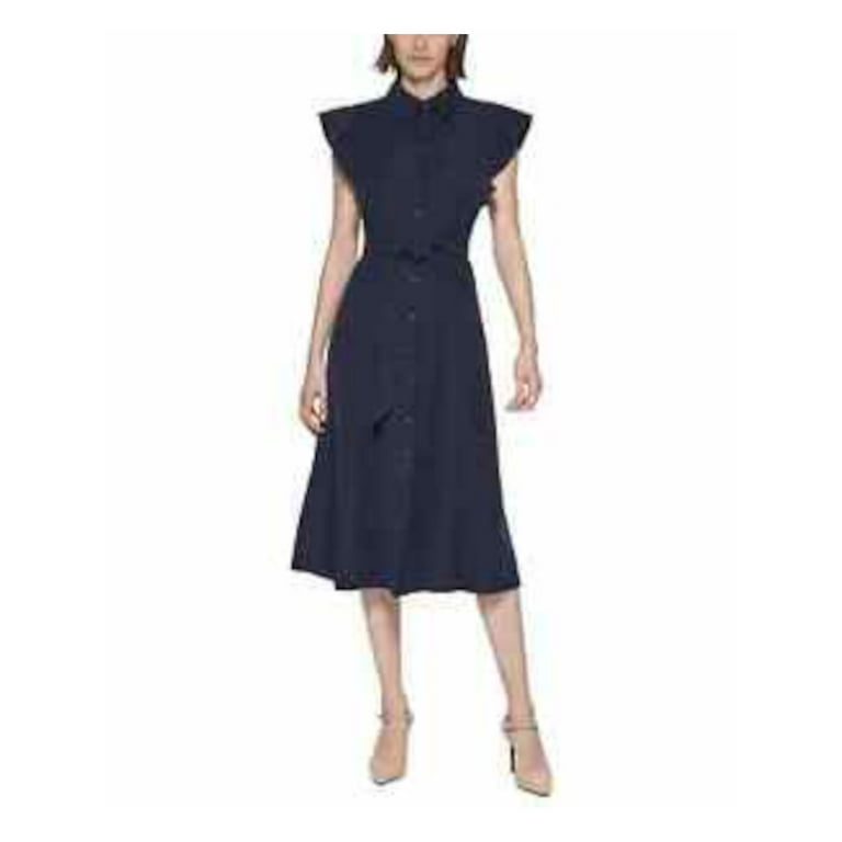 CALVIN KLEIN Womens Navy Belted Button Down Unlined Flutter Sleeve Collared Below The Knee Shirt Dress 2 Walmart