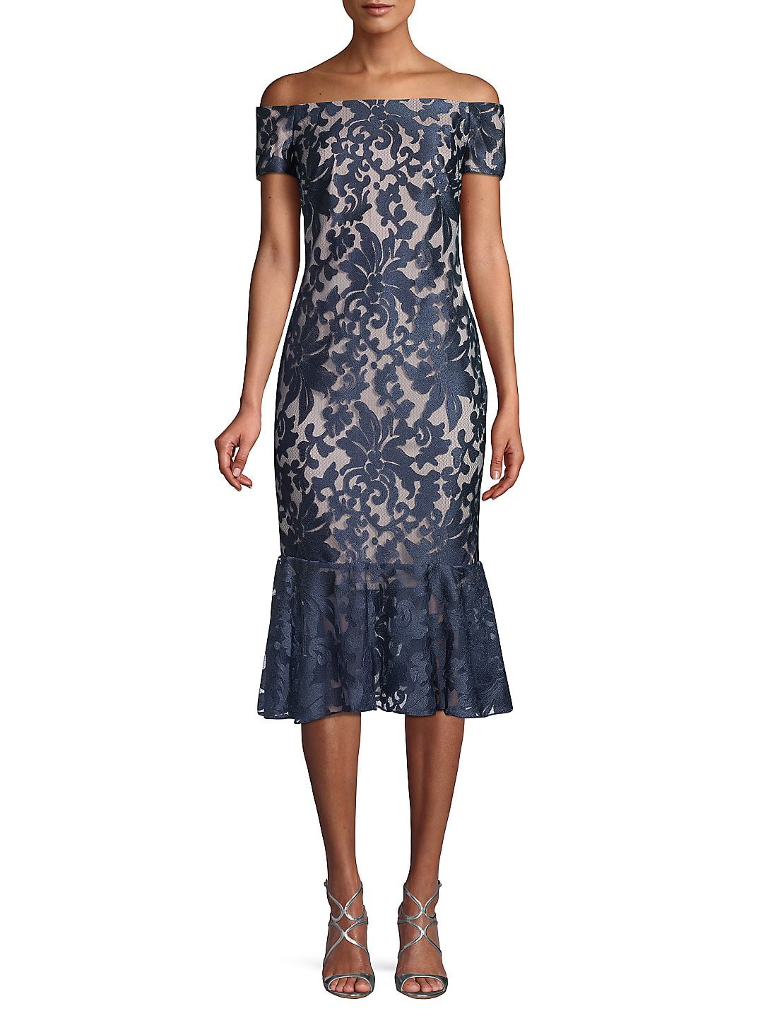 CALVIN KLEIN Womens Navy Nylon Embellished Floral Short Sleeve Off Shoulder  Below The Knee Evening Sheath Dress 4 - Walmart Business Supplies