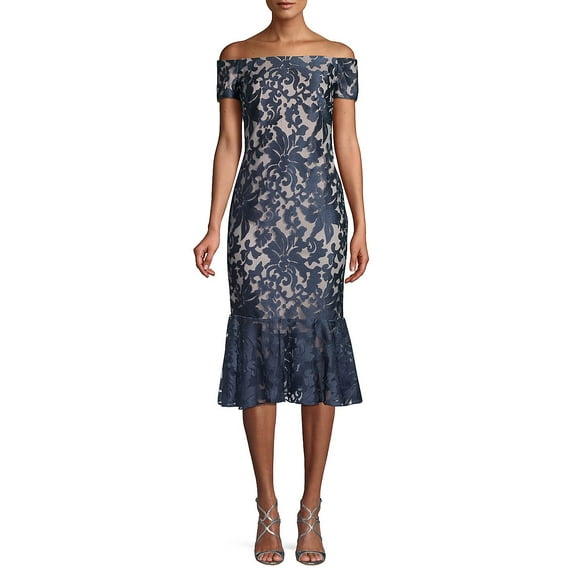 CALVIN KLEIN Womens Navy Nylon Embellished Floral Short Sleeve Off Shoulder Below The Knee Evening Sheath Dress 4