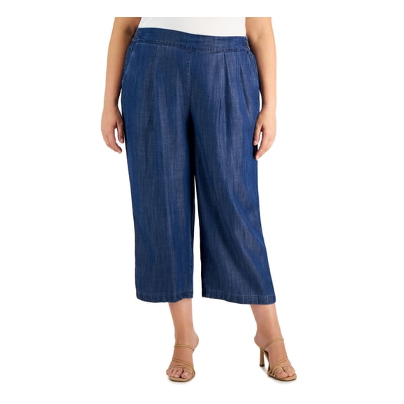 CALVIN KLEIN Womens Navy Pocketed Cropped Pull On Wide Leg Pants Plus 2X