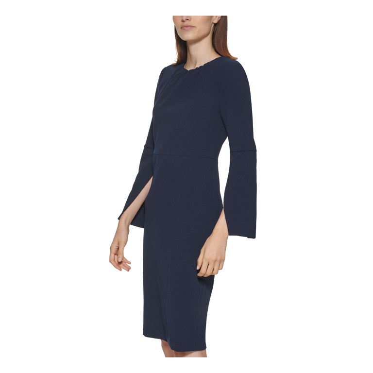 CALVIN KLEIN Womens Navy Stretch Pleated Zippered Split Cuffs Scuba Crepe  Darted S Long Sleeve Round Neck Knee Length Wear To Work Sheath Dress 8