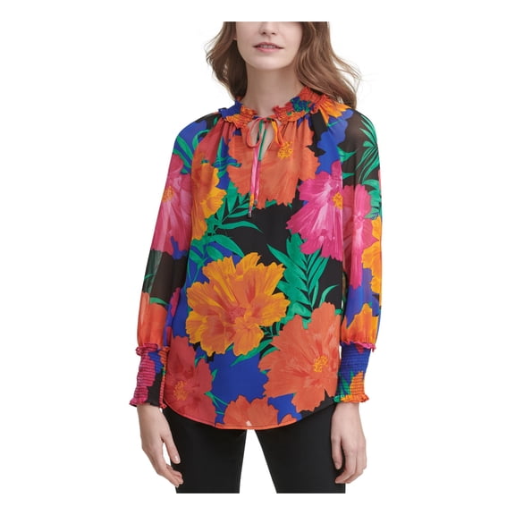 CALVIN KLEIN Womens Orange Ruffled Smocked Floral Pouf Tie Neck Top Size: L