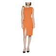 thumbnail image 1 of CALVIN KLEIN Womens Orange Stretch Zippered Slitted Scuba Crepe Shoulder Bow Sleeveless Asymmetrical Neckline Above The Knee Wear To Work Sheath Dress Petites 10P, 1 of 4