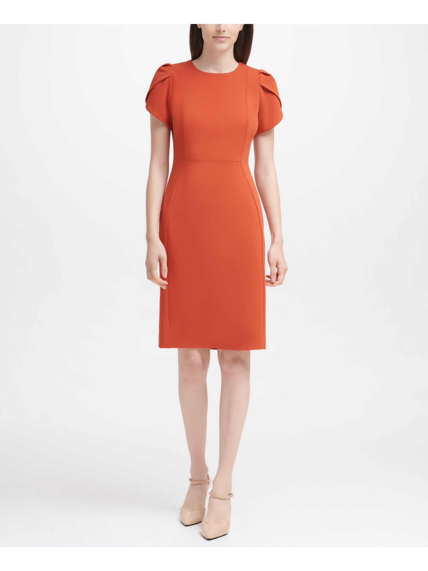 CALVIN KLEIN Womens Orange Zippered Unlined Petal Sleeve Jewel Neck