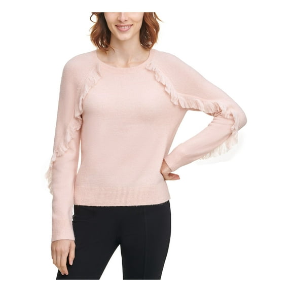 CALVIN KLEIN Womens Pink Fringed Long Sleeve Crew Neck Blouse L