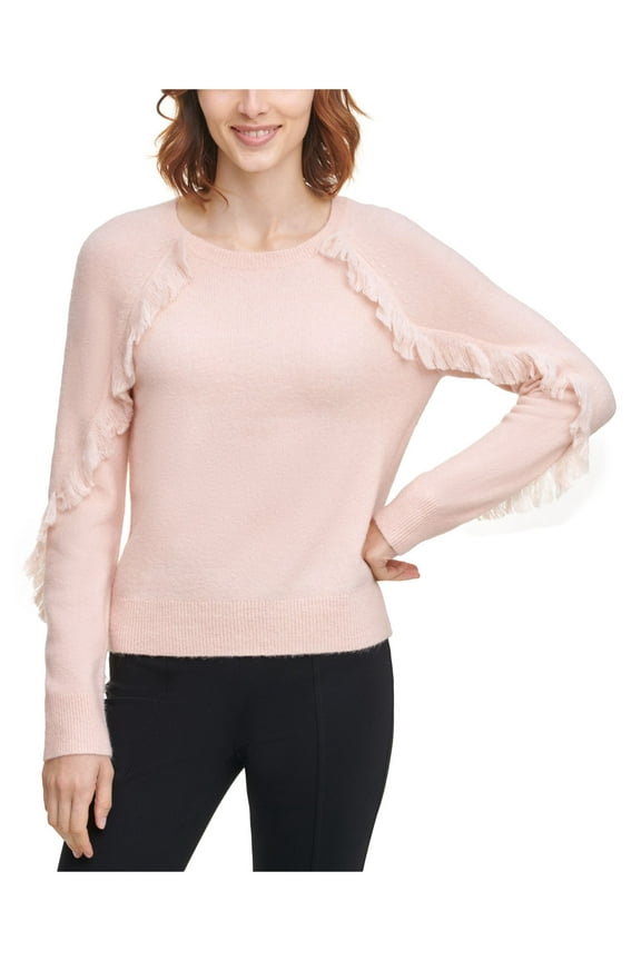 Womens Pink Fringed Long Sleeve Crew Neck Blouse L