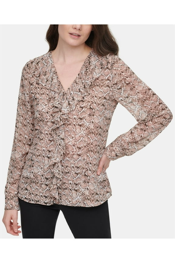 Womens Pink Ruffled Trim At Neckline And Fro Animal Print Long Sleeve V Neck Top XL