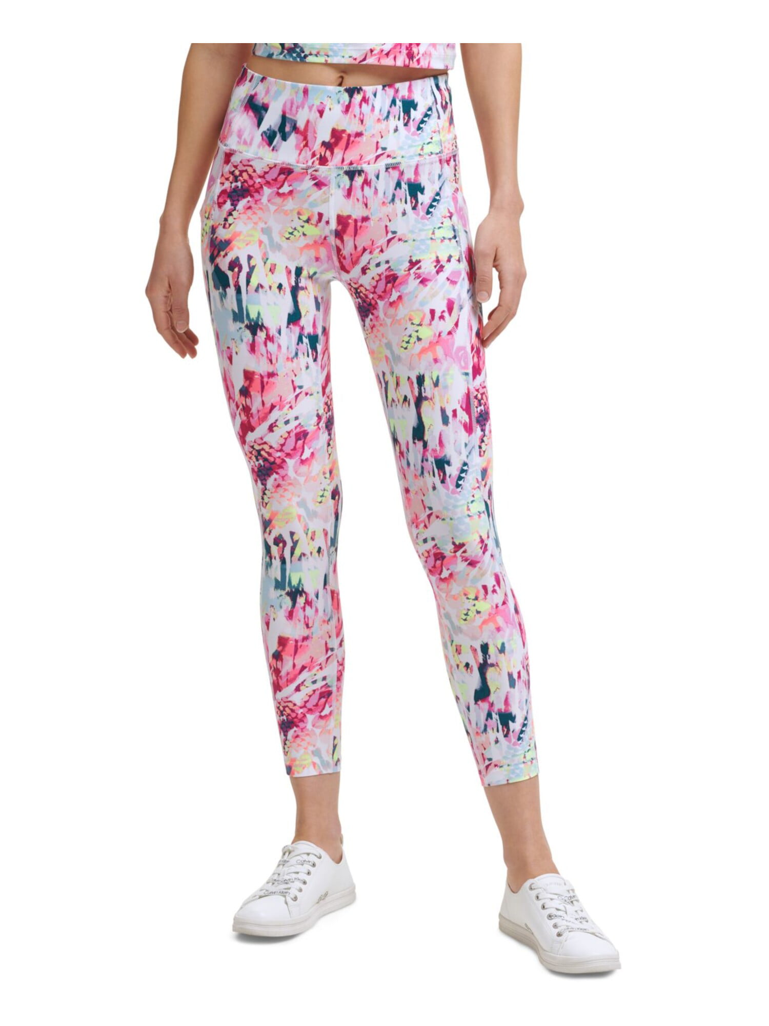  EVCR High Waisted Crossover Band Leggings for Women - 7/8  (Medium, Cotton Candy Floral Garden) Pink : Clothing, Shoes & Jewelry