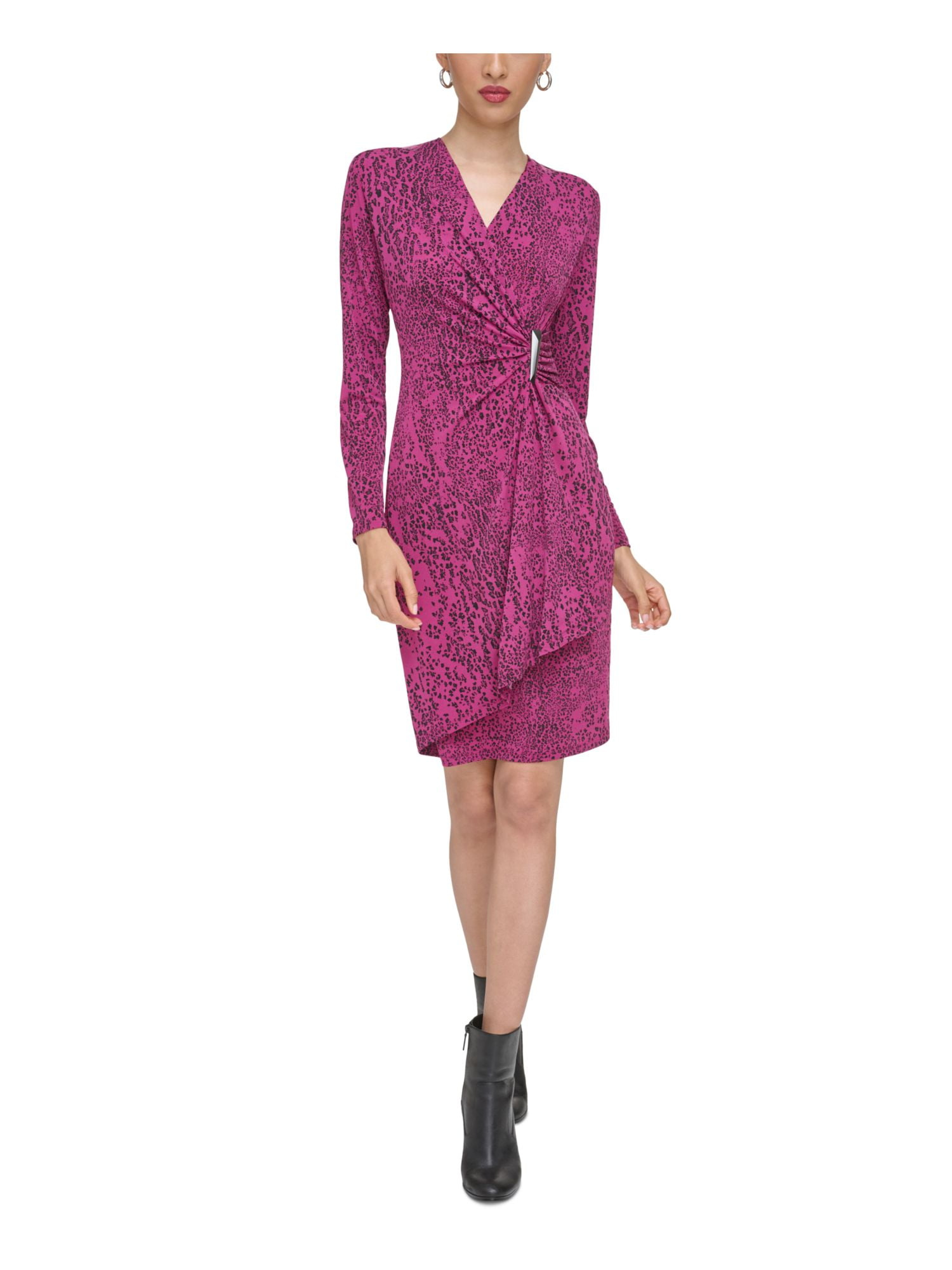 CALVIN KLEIN Womens Pink Stretch Zippered Unlined Metallic Hardware Gathered Printed Long Sleeve Surplice Neckline Above The Knee Party Faux Wrap Dress 14 - Walmart Business Supplies CALVIN KLEIN Womens Pink Stretch Zippered Unlined Metallic Hardware Gathered Printed Long Sleeve Surplice Neckline Above The Knee Party Faux Wrap Dress 14 - Walmart Business Supplies