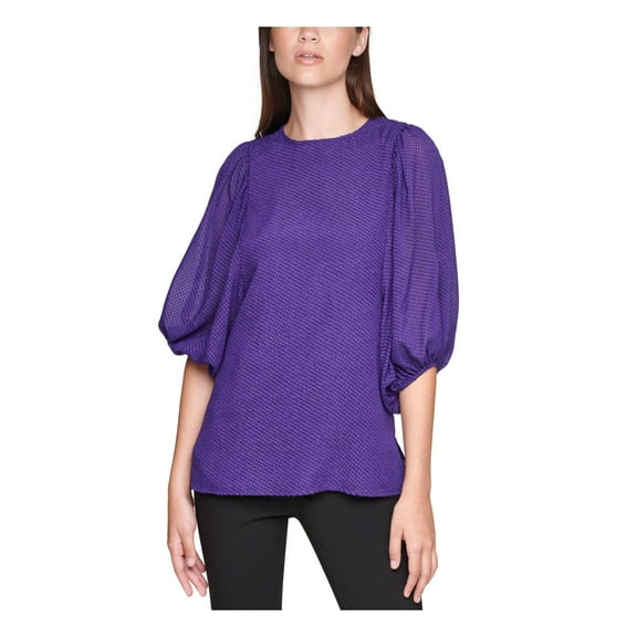 CALVIN KLEIN Womens Purple Textured Balloon Sleeve Crew Neck Top Plus 0X