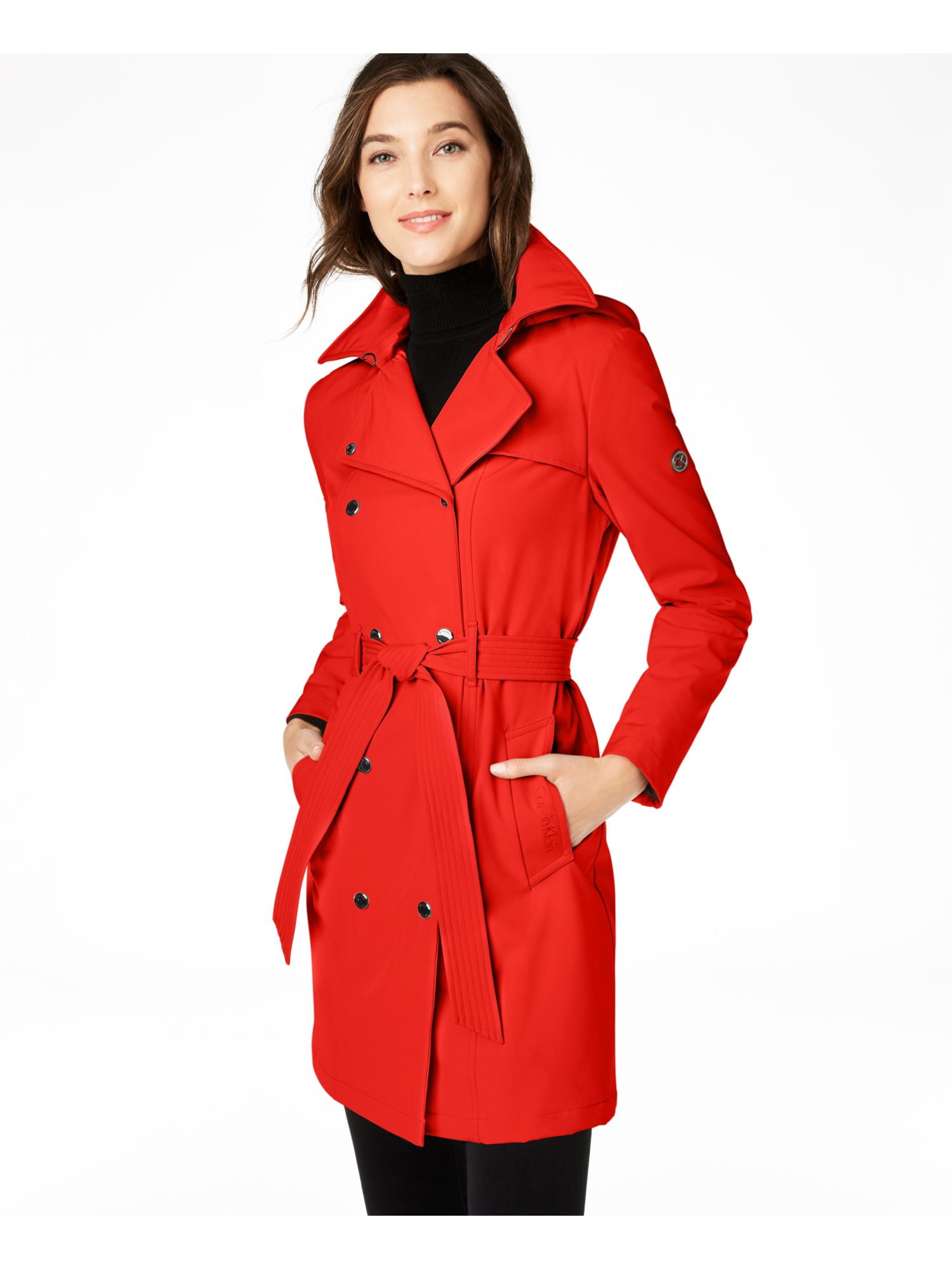 Calvin Klein Womens Red Belted Hooded Trench Coat Size: S - Walmart.Com