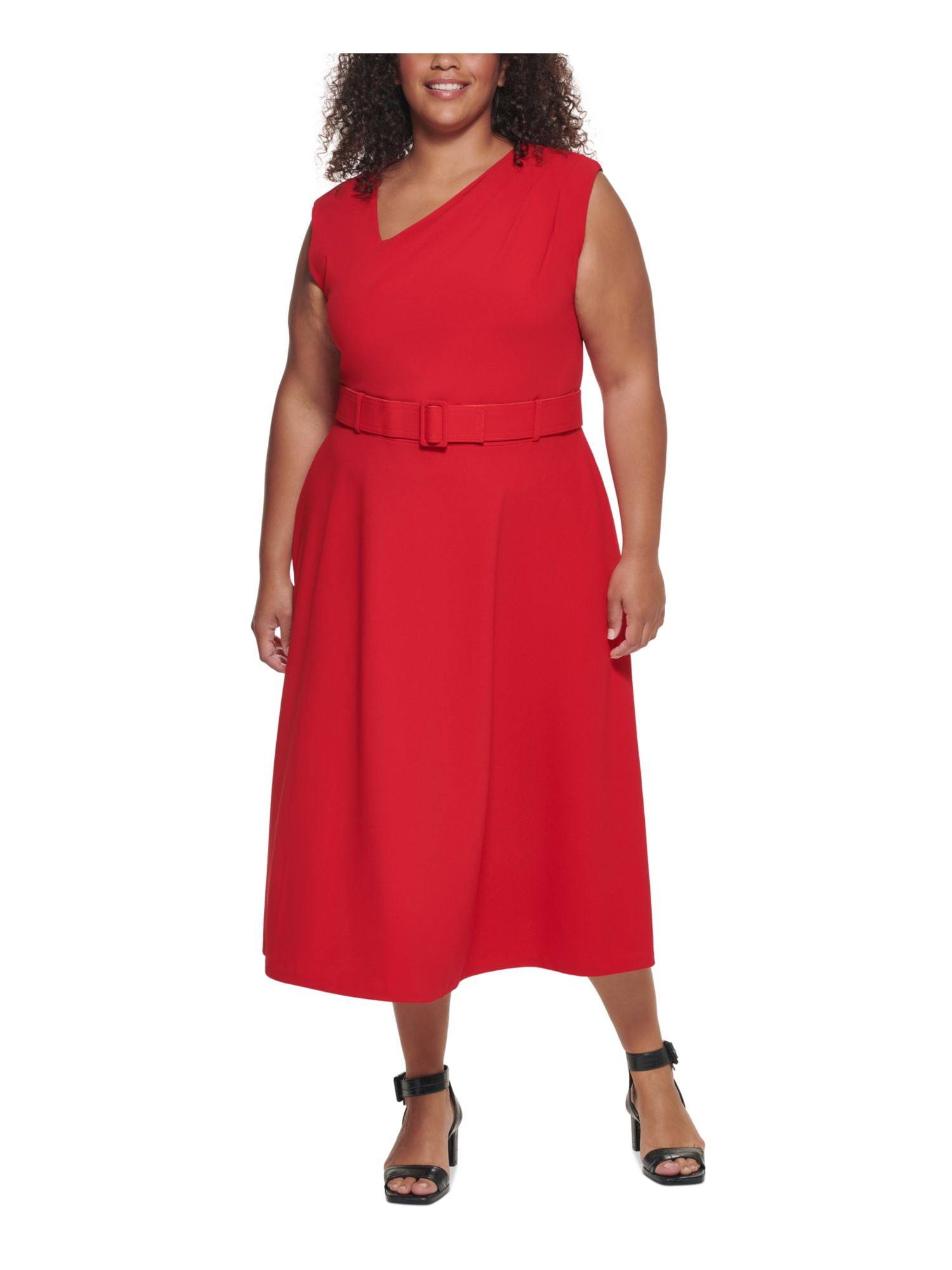 CALVIN KLEIN Womens Red Belted Zippered Sleeveless Asymmetrical Neckline Tea Length Wear To Work Shift Dress Plus 18W Walmart