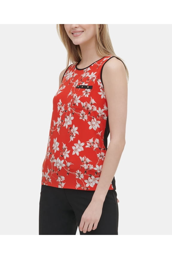 Womens Red Floral Sleeveless Jewel Neck Tank Top Size: XL