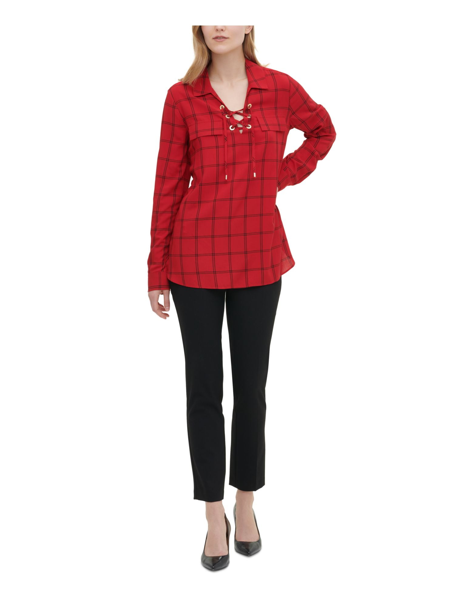 CALVIN KLEIN Womens Red Pocketed Windowpane Plaid Long Sleeve V Neck Tunic Top XS Walmart